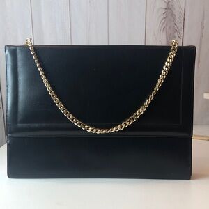 DUCHESS Black Leather Envelope Clutch Bag Gold Tone Chain Vintage